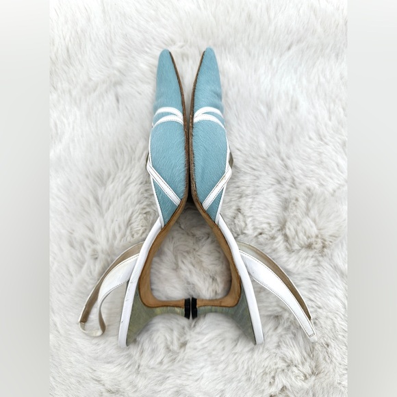 RARE Manolo Blahnik light blue pony hair leather lace-up slingback heels 37 US 7 - Picture 10 of 12